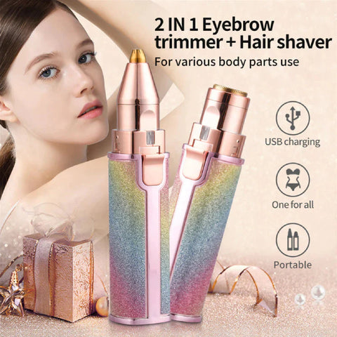 2 in 1 Electric Eyebrow Trimmer & Shaver | Rechargeable | Lipstick Design in Rainbow & Pink