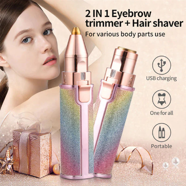 2 in 1 Electric Eyebrow Trimmer & Shaver | Rechargeable | Lipstick Design in Rainbow & Pink